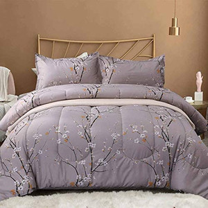 lot 36161 image: Nanko Queen Comforter Set 3pc 88 x 90 inch, Gray Pastel Floral Print Soft Microfiber Bedding - All Season Quilted Comforter with 2 Pillowshams - Farmhouse Bed Set for Women Men