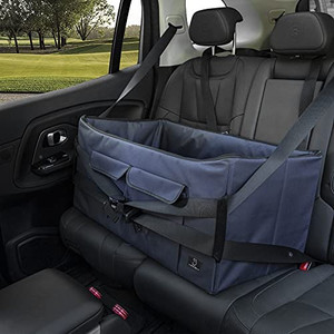 lot 36209 image: A 4 Pet Pet Car Booster Seat with 2 Safety Leashes for Small and Medium Dog, Deep Blue��29.5 L x 15.7 W x 13.8 H