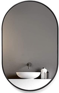 lot 36270 image: HOWOFURN Wall Mounted Mirror, 24x36 Oval Bathroom Mirror, Black Vanity Wall Mirror w Stainless Steel Metal Frame & D-Shaped Hooks for Vertical & Horizontal Hang, Ideal for Bedroom, Bathroom
