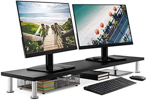 lot 36273 image: The Office Oasis Dual Computer Monitor Stand, Solid Bamboo Supports 100lbs, Black