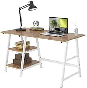 lot 36275 image: Soges Computer Desk Trestle Desk Writing Home Office Desk Hutch Workstation with Shelf Storage Desk, Oak 47 inches CS-Tplus-120OK