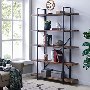 lot 36279 image: 5-Tier Bookcase, Vintage Industrial Wood and Metal Bookshelves for Home and Office Organizer, Retro Brown