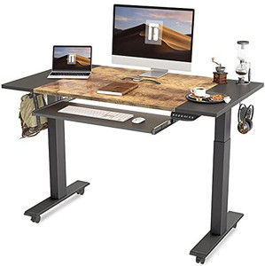 lot 36302 image: FEZIBO Dual Motor Height Adjustable Electric Standing Desk with Keyboard Tray, 48 x 24 Inch Sit Stand Table with Splice Board, Black FrameBlack and Rustic Brown Top