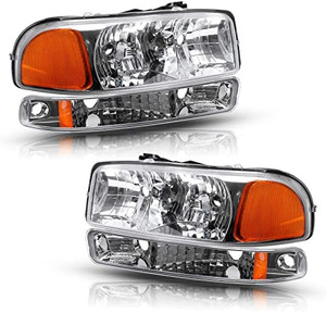 lot 36307 image: Front Headlight Lamp with Bumper Lights Set (Left  Right) Compatible with 99-07 GMC Sierra 1500 2500 350000-06 Yukon, Chrome Housing Amber Reflector Headlights