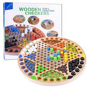 lot 39501 image: chinese checkers 6 in 1 combo game 13 inch wooden board family game for kids and adults includes 90 glass marbles