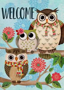 lot 39586 image: Covido Home Decorative Welcome Spring Owls Family Birds Garden Flag, Animal Tree Branches House Yard Gerbera Flower Outside Blue Decoration, Summer