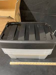 lot 3136 image: Clear totes with black lids set of four