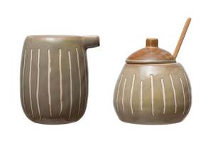 lot 3168 image: Rustic Stoneware Coffee Creamer and Sugar Jar with Lid and Wood Spoon