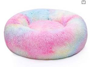 lot 3179 image: Neekor Cat Dog Beds, Soft Plush Donut Pet Bedding Winter Warm Sleeping Round Fluffy Pet Calming Bed Cuddler for Puppy Dogs & Cats, (Rainbow)