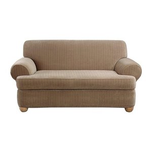 lot 3231 image: Sure Fit Stretch Pinstripe 2-Piece - Loveseat Slipcover - Taupe