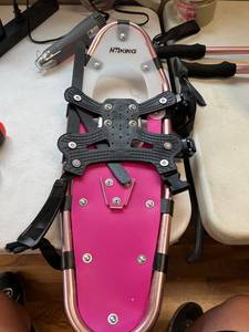 lot 10331 image: HRKING Lightweight Terrain Showshoes Set for Women Men and Kids, with Trekking Poles and Carrying Tote Bag, 25 Pink