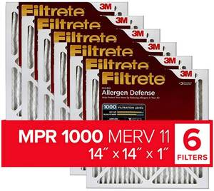 lot 10477 image: Filtrete 14x14x1, AC Furnace Air Filter, MPR 1000, Micro Allergen Defense, 6-Pack (exact dimensions 13.81 x 13.81 x 0.81)