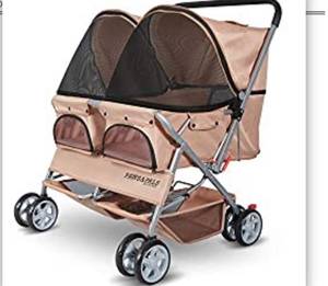lot 10386 image: Paws & Pals Double Pet Stroller - 4 Wheels Lightweight Two Puppy, Dog & Cat Strollers - Best for Walking 2 SmallMedium Size Animal. Beige