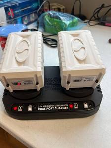 lot 10389 image: 2 Snow Joe iON System Compatible 24VBAT-XR EcoSharp Pro Lithium-Ion Battery, 24 Volt, 5.0-A. plus Dual charger. Retails $250