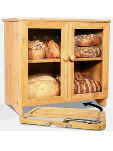 lot 10496 image: Large Bread Box for Kitchen countertop, Cutting Board, and Stainless Steel Bread Knife. Fully Adjustable shelf bread storage container, wooden bread box, bread container, bread box large