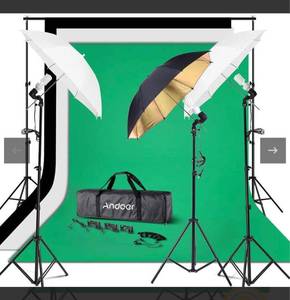 lot 10513 image: Andoer Photography Umbrella Continuous Lighting Kit - 6.6ft x 10ft Background Support System 3pcs Muslin Backdrops Screen and 3pcs Umbrellas for Photo Portrait Studio Shoot