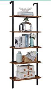 lot 10535 image: SUPERJARE Industrial Ladder Shelf, 5-Tier Wood Wall-Mounted Bookcase with Stable Metal Frame, 72 Inches Storage Rack Shelves Display Plant Flower, Stand Bookshelf for Home Office - Rustic Brown