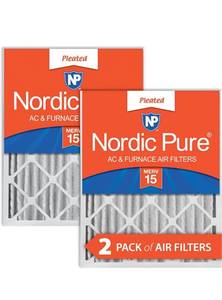 lot 10560 image: Nordic Pure 20x25x4 MERV 15 Pleated Plus Carbon AC Furnace Air Filters 2 Pack. Retails $116