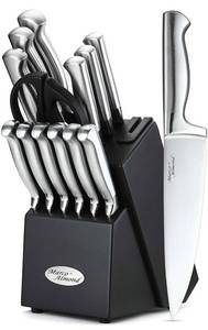 lot 10563 image: Marco Almond KYA28 Knife Sets, 14 Pieces Stainless Steel Cutlery Kitchen Knife Set with Block, Hollow Handle Self Sharpening Knife Block Set
