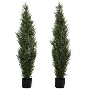 lot 8979 image: YQing 2 Pack Artificial Topiary Cedar Potted Trees, 120CM Fake Cypress Trees in Plastic Pot UV Rated Conifer Tree Decorations Indoor Outdoor Plants