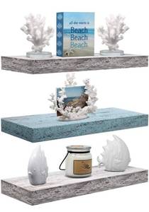 lot 100946 image: Sorbus Floating Shelf Set - Rustic Wood Coastal Beach Style Hanging Rectangle Wall Shelves for Home D�cor, Trophy Display, Photo Frames, etc.(BlueWhite, 3 Pack)