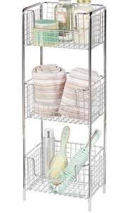 lot 100947 image: mDesign 3 Tier Vertical Standing Bathroom Shelving Unit, Decorative Metal Storage Organizer Tower Rack Center with 3 Basket Bins to Hold and Organize Bath Towels, Hand Soap, Toiletries - Chrome
