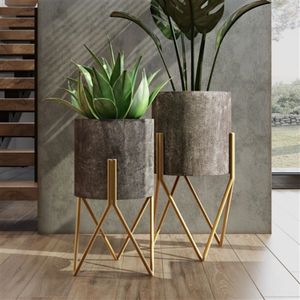 lot 22098 image: Mid Century Modern Planters, Grey & Gold - Set of 2