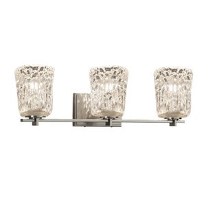 lot 22158 image: Justice Design Veneto Luce Era 3-light Brushed Nickel Bath Light, Clear Textured Cylinder w Rippled Rim Shade- Retail$258.00