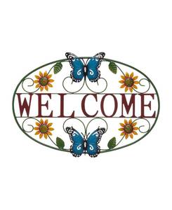 lot 40229 image: Glitzhome 24L Whimsical Metal Sunflower and Butterfly Welcome Wall Decor