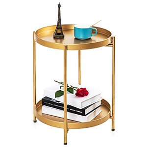lot 40252 image: Sankell Gold End Table, 2-Tier Round Metal Side Table Removable Tray, Small Accent TableNightstand, Circle Coffee Table IndoorOutdoor, Sofa Side Snack Table, Boho Side Table for Living Room Bedroom