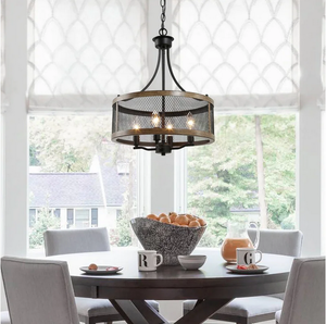 lot 22117 image: Modern Farmhouse 4-light Drum Metal Chandelier Wood Grain Ceiling Lights - W16xH21