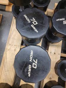 lot 38283 image: Pair Of Iron Grip 70lb Rubber Wrapped Dumbells