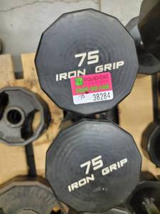lot 38284 image: Pair Of Iron Grip 75lb Rubber Wrapped Dumbells
