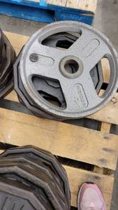 lot 38363 image: (3) Iron Grip 35lb Weight Plates - (1) Weider 35lb Weight Plate