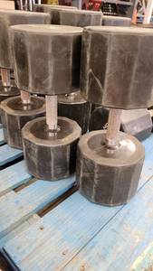 lot 38422 image: (2) Iron Grip Rubber Wrapped 150lb Dumbells
