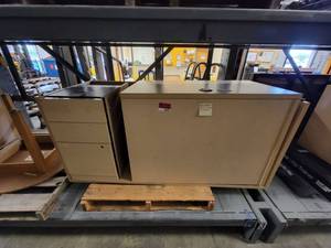lot 38502 image: Blonde Wood L Shaped Desk With 3 Drawer File Cabinet