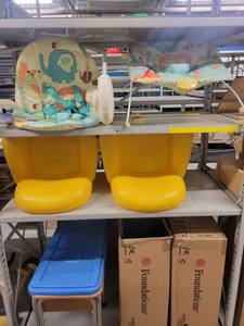lot 39037 image: Lot of Childrens Furniture ( Infant Bouncers  Sensory Table  Yellow Chairs )