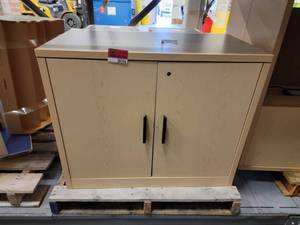 lot 35506 image: Blonde Wood Office Cabinet With (2) 2 Drawer File Cabinets