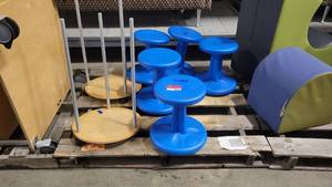 lot 38559 image: (2) Round Carts W Long Pegs - 5 Blue Kora Kid Stools