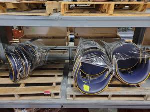 lot 38591 image: Lot of 6 Navy Blue Barrel Metal Frame Chairs with Yellow Trim