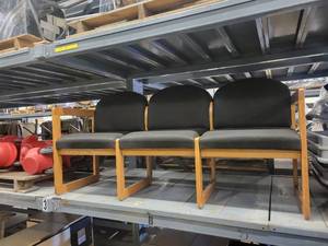 lot 38648 image: Black Cloth 3 Seat Bench - Wooden Frame