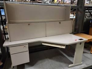 lot 38734 image: Grey Corner Office Desk With Overhead Shelf