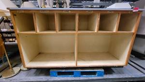 lot 38735 image: Wooden Cubbie W Gray Laminate Top - Wooden Display Case W Glass Window and a Laminate Top
