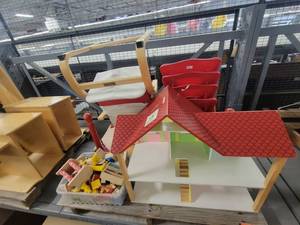 lot 38746 image: Childrens Playroom Lot ( Dollhouse  2 Wooden Curve Chairs and 4ft Toddler Table with 4 Chairs )