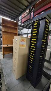 lot 38759 image: Wood Laminate Computer Desk W Shelving - (2) Hon Four Drawer Filing Cainets - Metal Slot Rack