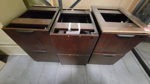lot 38765 image: (3) Dark Wood Laminate Three Drawer Filing Cabinets
