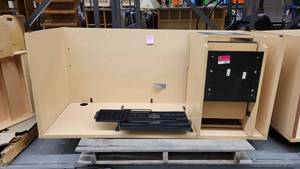 lot 38805 image: Blonde Wood Laminate Computer Desk W a Three Drawer Filing Cabinets
