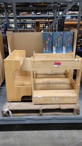 lot 38808 image: 3 Boxes of Klein Toy Fale Road Signs - 3 Mini Shelves - Blonde Wood Laminate Hutch