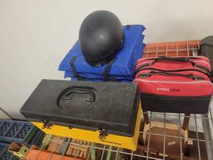 lot 38880 image: Lot of Goodies ( Helmet  Westward Toolbox with Tools  3 Cushions and Just in Case)