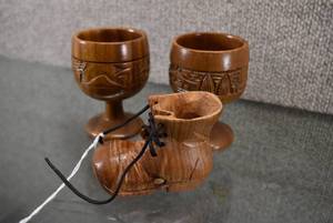 lot 1015 image: Lot of 3 Carved Wood Cups and Boot